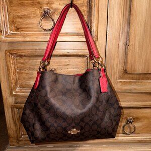 Stunning Coach Hallie Shoulder Bag~ Style:F80298~ Brown Signature with Red(Bin2)